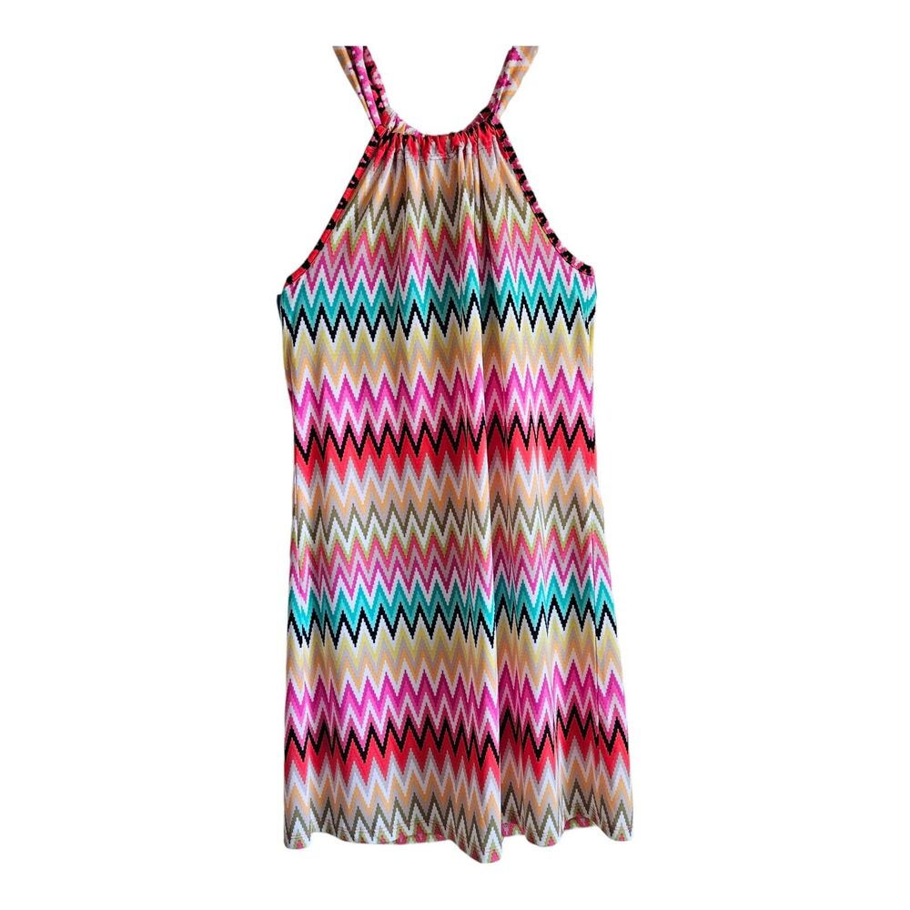 TRINA TURK Women's XS Dress Cover Up Sleeveless Tie Back Multicolor Zig Zag 34"